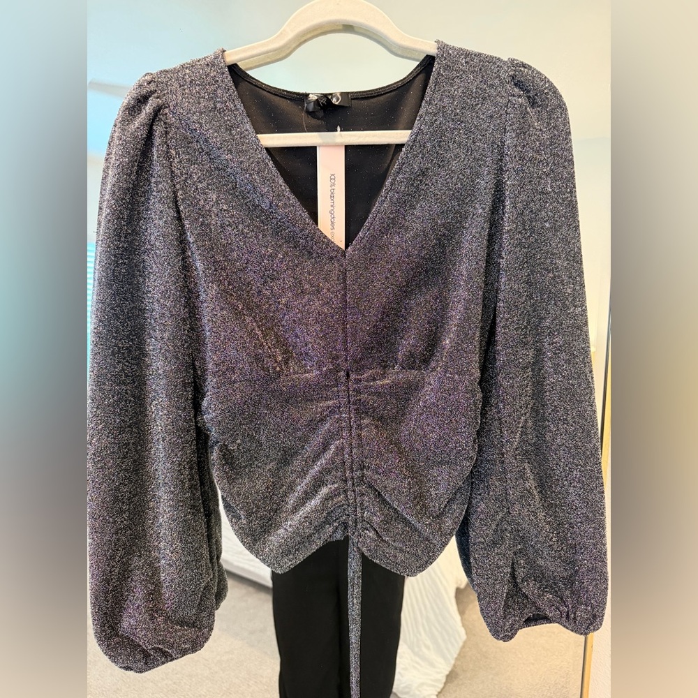 Aqua Metallic silver V-Neck Ruched Blouse